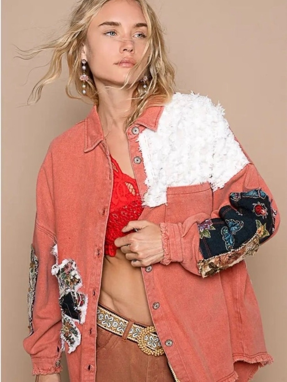 POL Boho Patchwork Button-Up Shacket